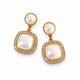 Square Pearl-Look Halo Drop Earrings — Modern Sparkling Jewelry