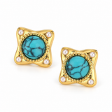 Turquoise-Tone Pearl-Look Corner Stud Earrings — Boho Chic Jewelry