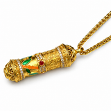 Sand Gold 3D Carved Column Zen Mantra Pendant — Sacred Buddhist Jewelry Necklace