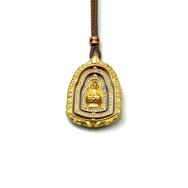 Granatapfel-Anhänger aus Sandgold und Emaille — Reversibles „Doppeltes Glück“-Halsband