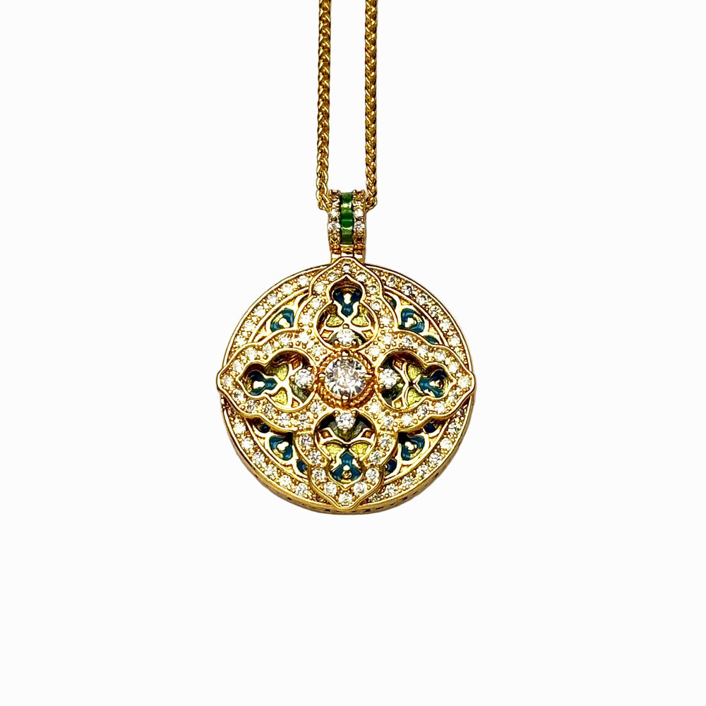 Sand Gold Cross Mandala Pendant — Reversible Enamel Fortune Necklace