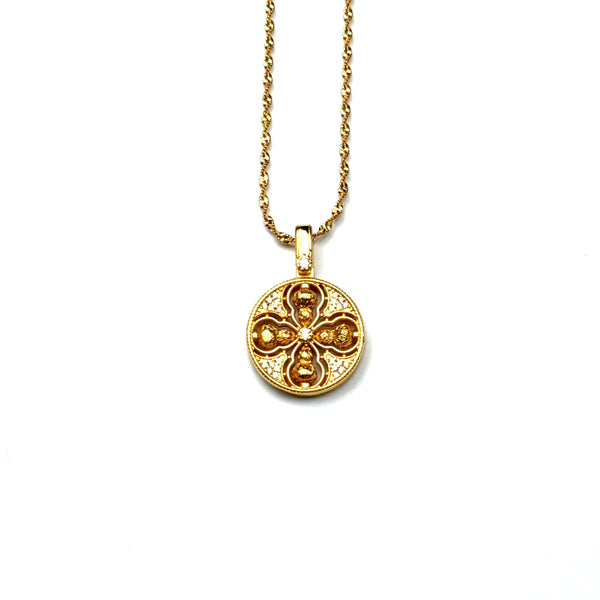 Sand Gold Four-Gourd Cross Pendant — Reversible Fortune Wheel Necklace