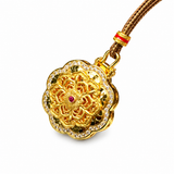Sand Gold Spinning Mandala Pendant — Reversible Ruby Lotus Necklace
