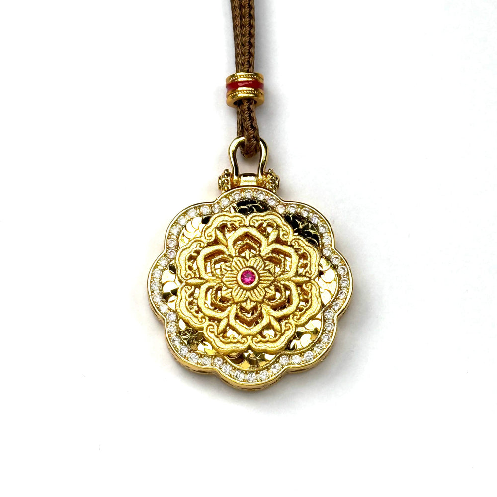 Sand Gold Spinning Mandala Pendant — Reversible Ruby Lotus Necklace