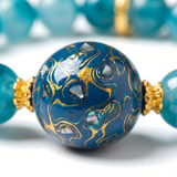 Natural Blue Chalcedony Beaded Bracelet with Handmade Lacquer Bead — Vintage Artistic Jewelry